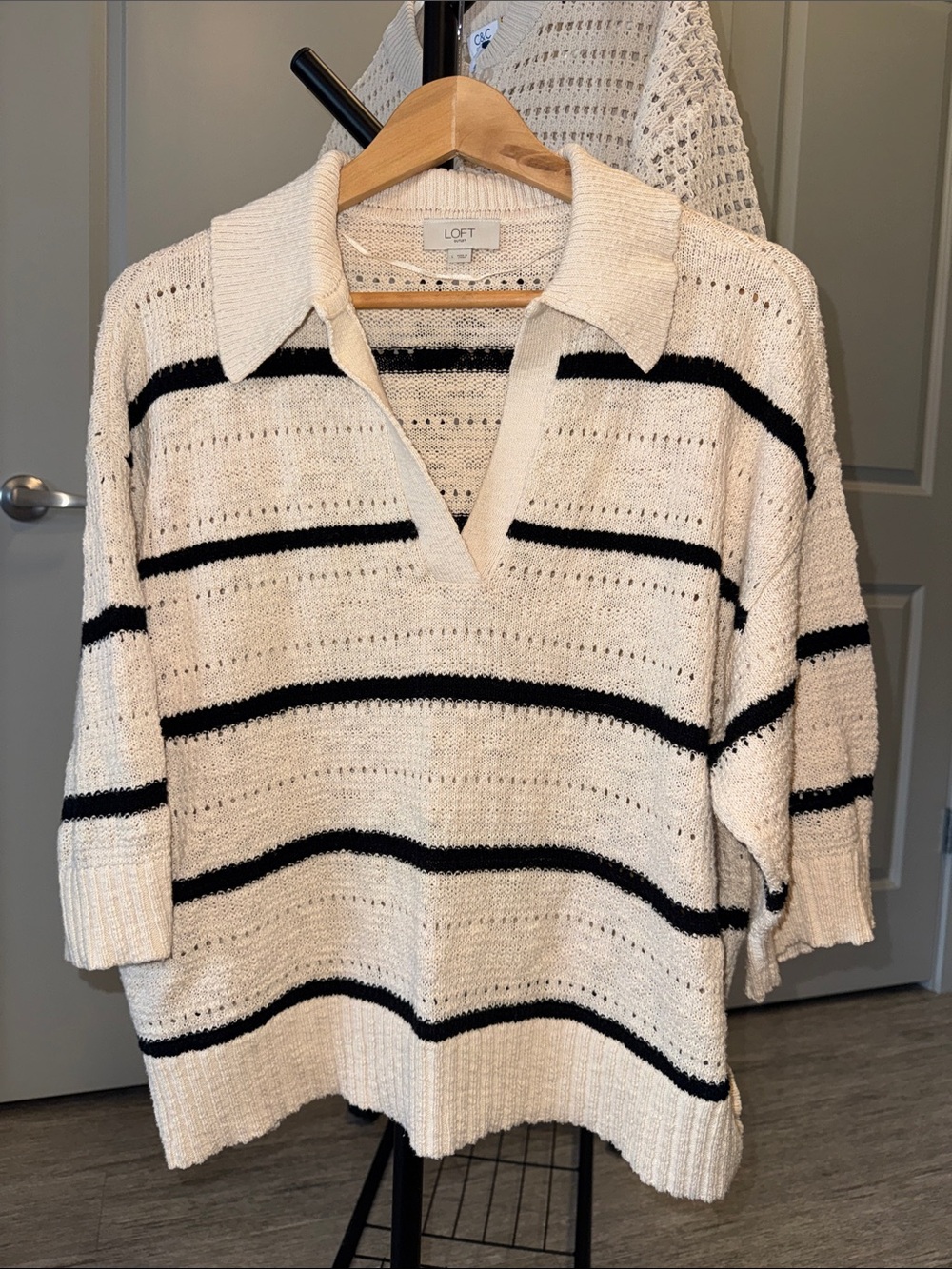 LOFT Cream Sweater with Black Stripes V-Neck Open Collar